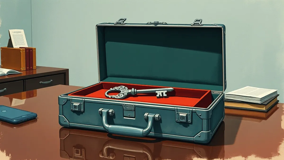 Illustration: A thick metal briefcase sits open on a polished desk, revealing a single, ornate silver key resting inside a soft red velvet tray.