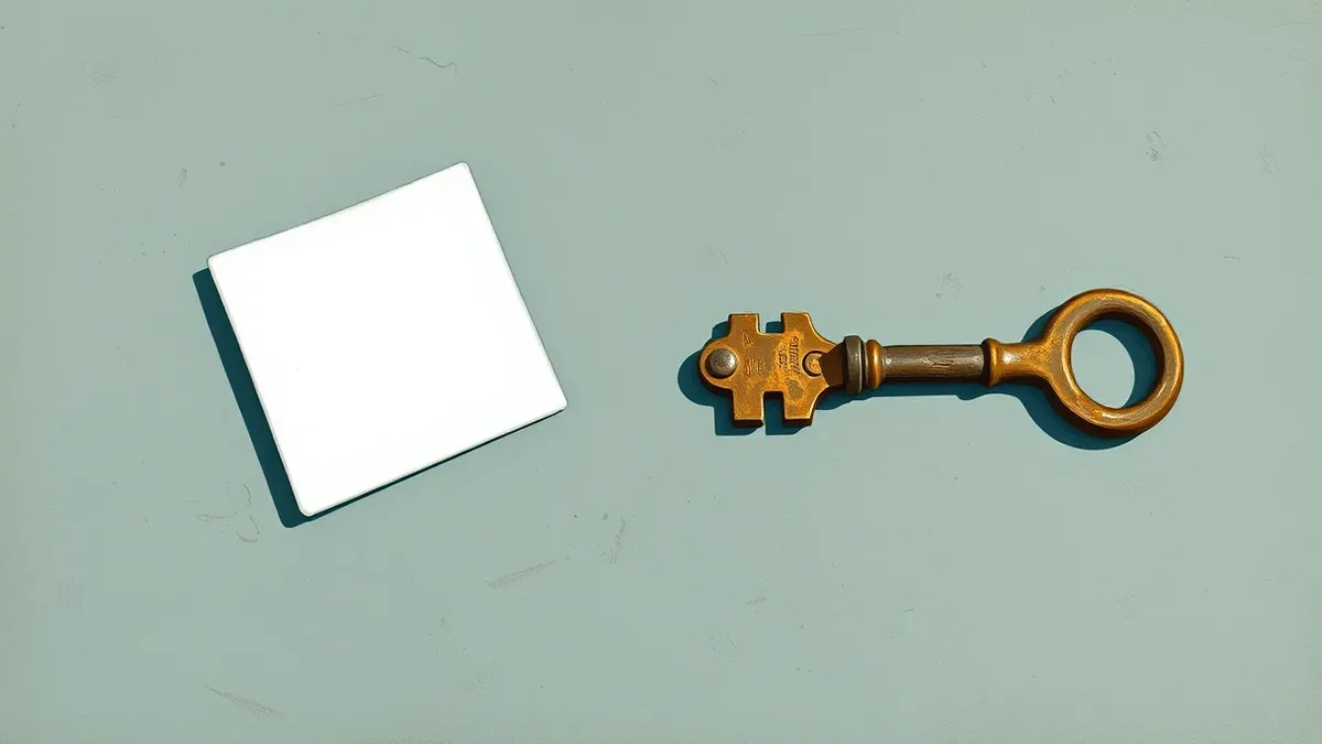 Illustration: A blank white card rests on the left side of a smooth grey table, symbolizing an expiring token, while a heavy solid iron key lies on the right side, representing a p