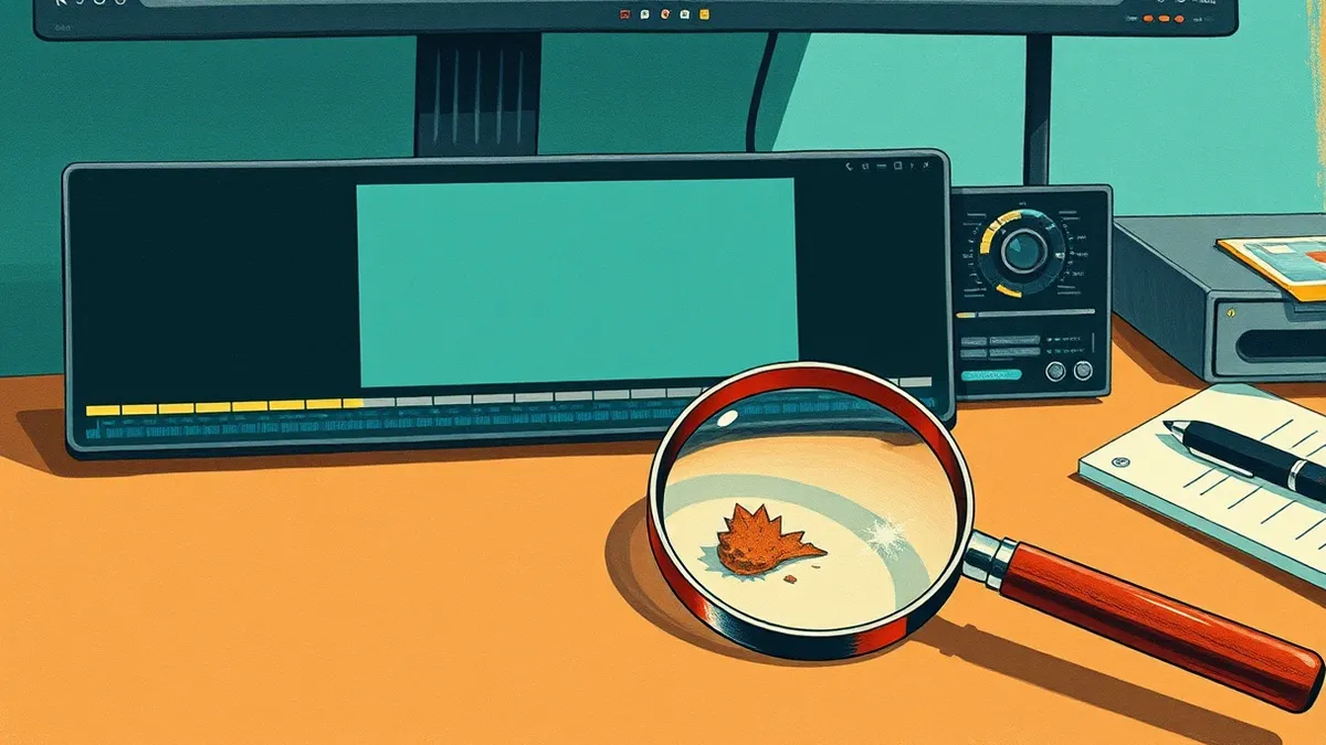 Illustration: A blank video editing timeline sits on a desk next to a magnifying glass.