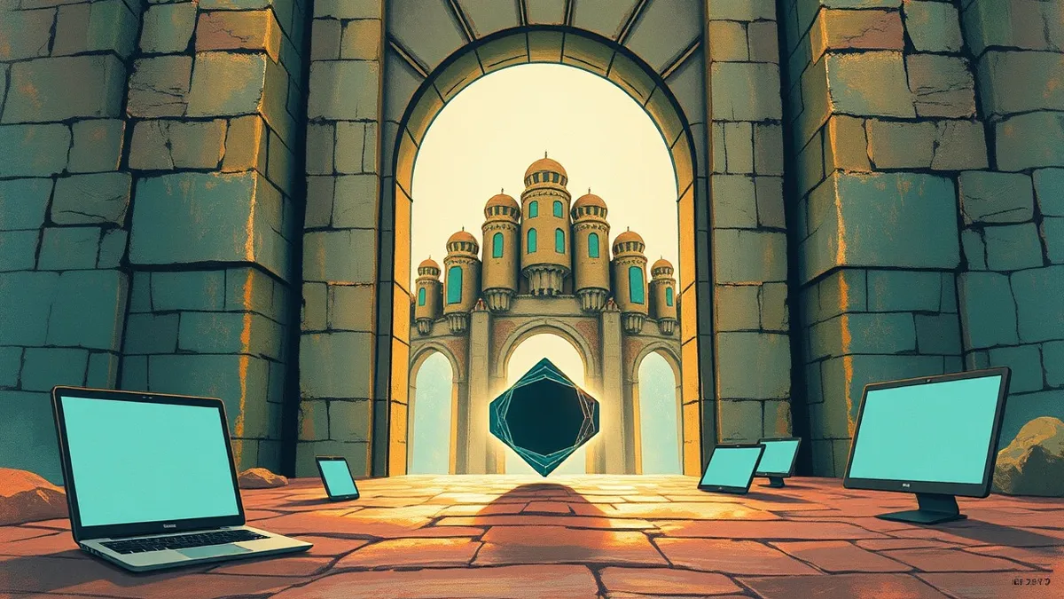 Illustration: A large stone archway stands at the edge of a digital landscape.