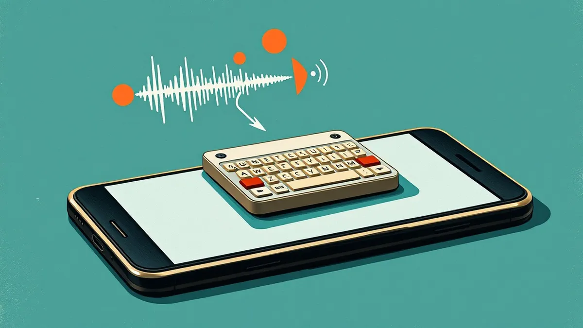 Illustration: A modified keyboard application icon rests on a generic Android smartphone screen, connected by a digital bridge to a stylized voice waveform.