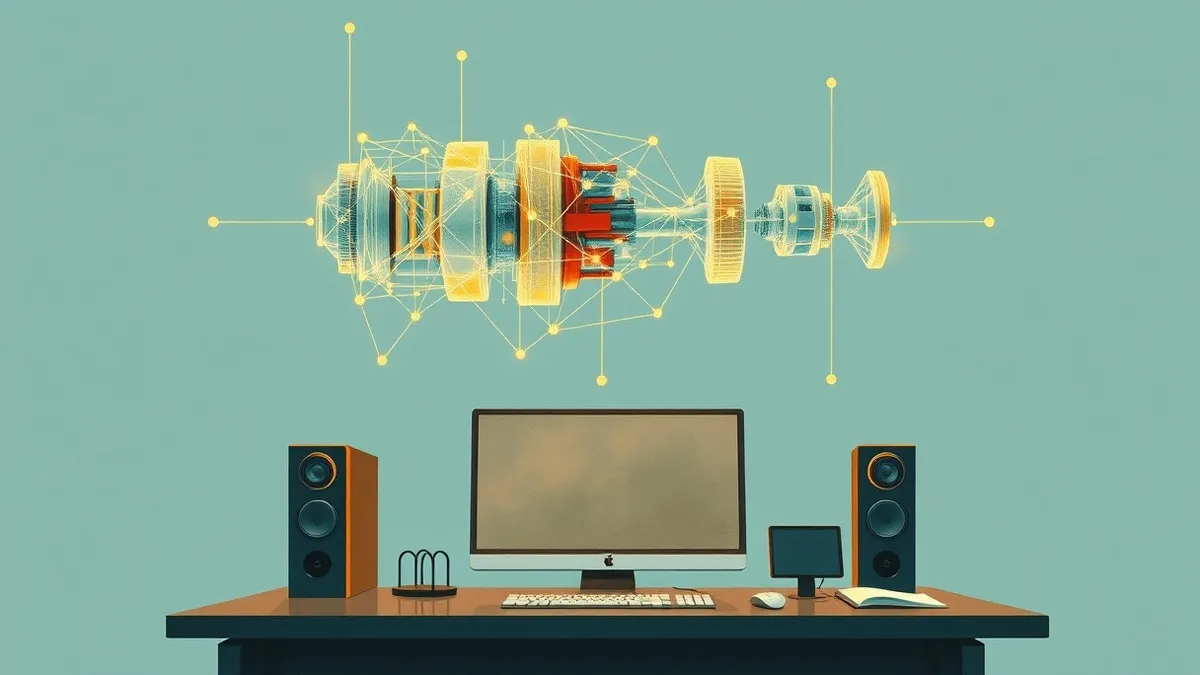 Illustration: A digital wireframe of a complex mechanical assembly floats above a sleek workstation, with glowing geometric nodes snapping together automatically.