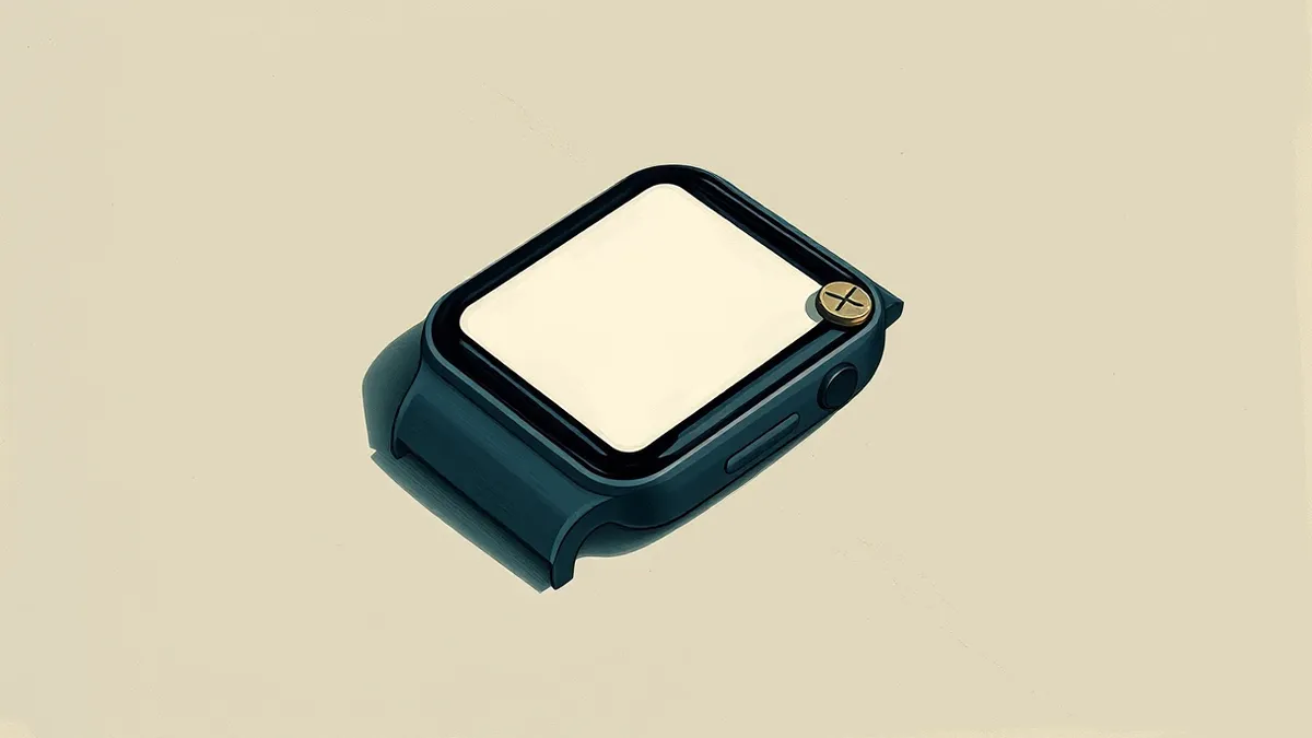 Illustration: A slim, dark wristband with a blank square display rests on a neutral surface.