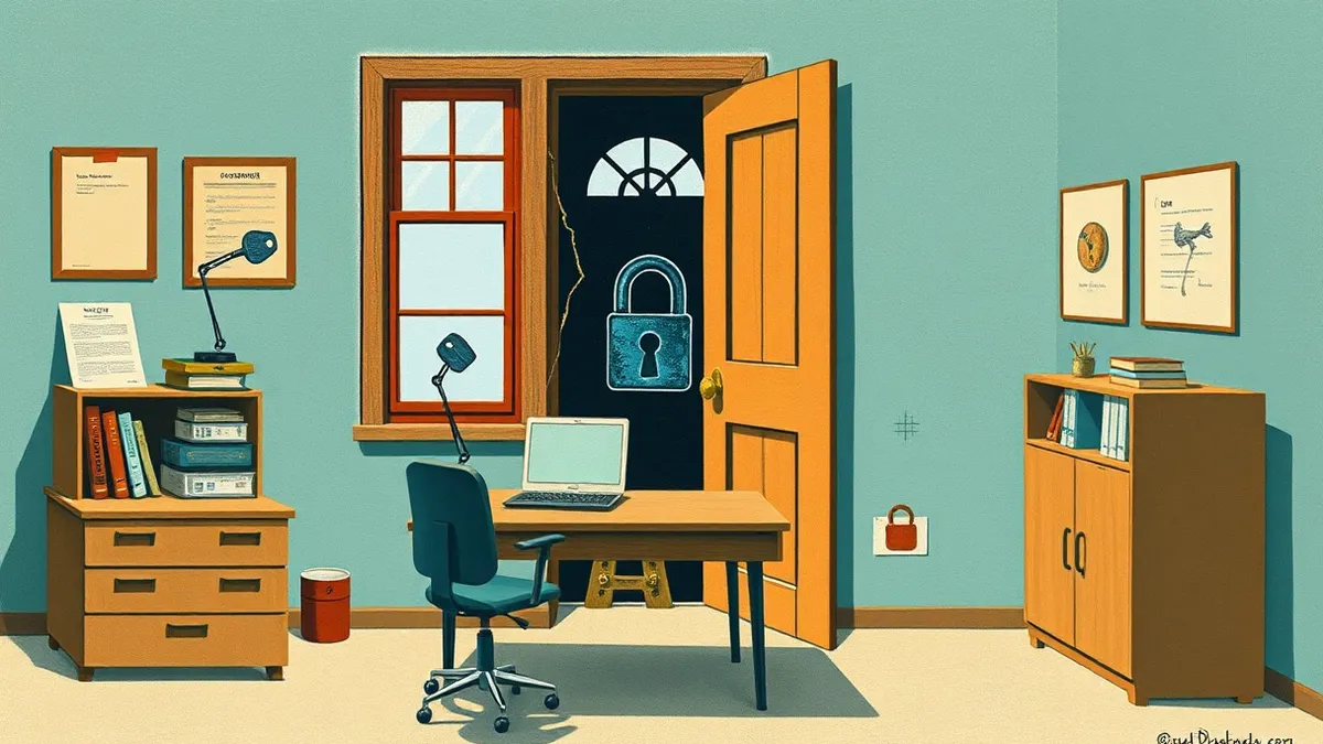 Illustration: A small office desk sits near an open window where a digital key floats toward a cracked wooden door.