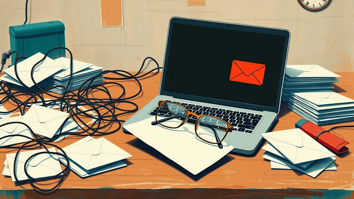 Illustration: A chaotic wooden desk holds a tangle of tangled wires, a scattered stack of blank envelopes, and an open laptop displaying a single ominous red envelope icon on a bla