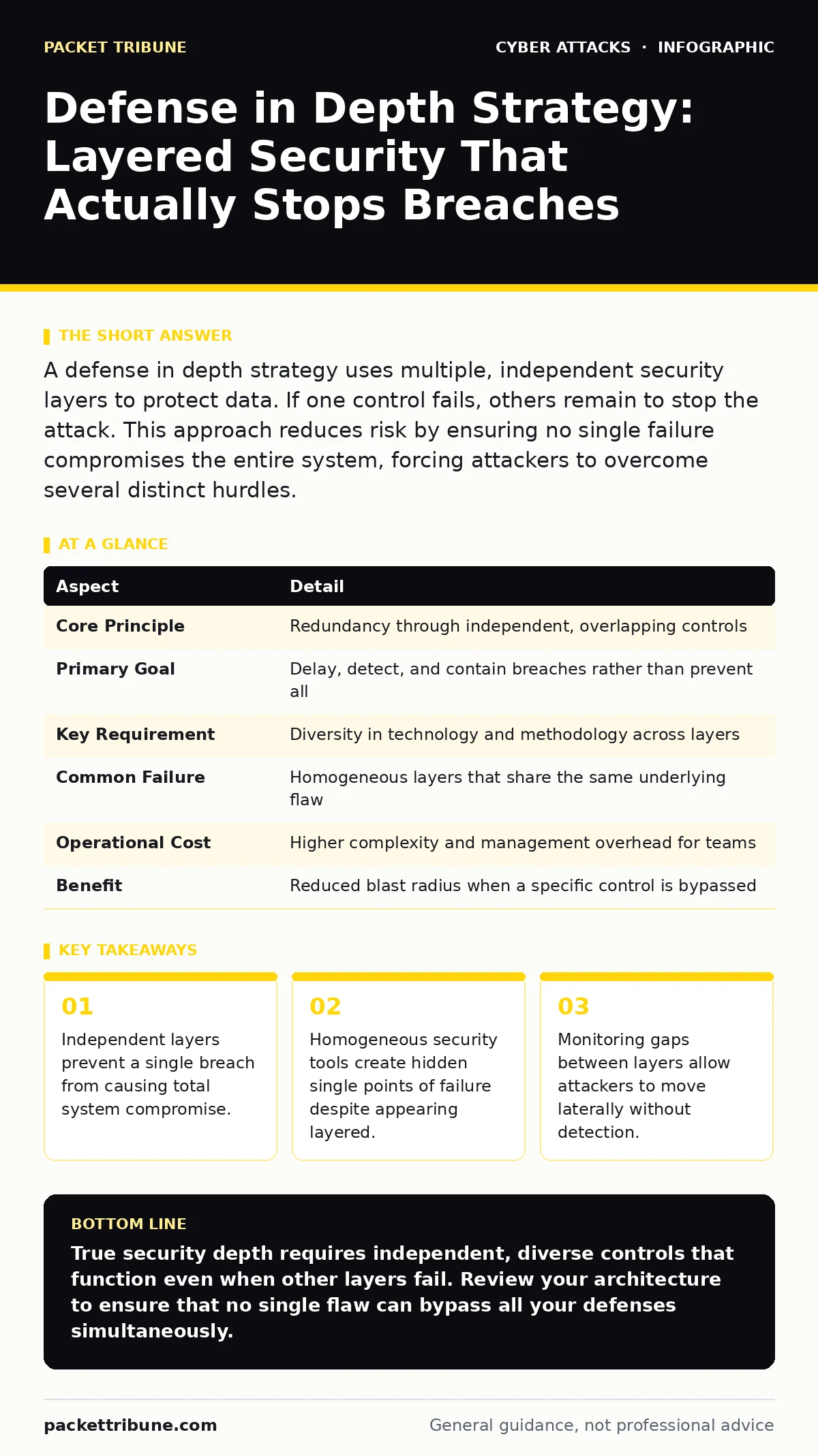 Infographic: Defense in Depth Strategy: Layered Security That Actually Stops Breaches. Independent layers prevent a single breach from causing total system compromise. Homogeneous security tools create hidden single points of failure despite appearing layered. Monitoring gaps between layers allow at