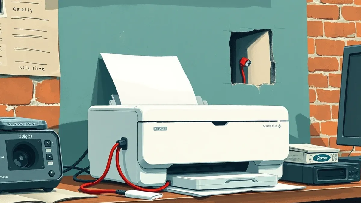 Illustration: A white desktop printer sits on a cluttered desk, spitting out a blank sheet of paper.