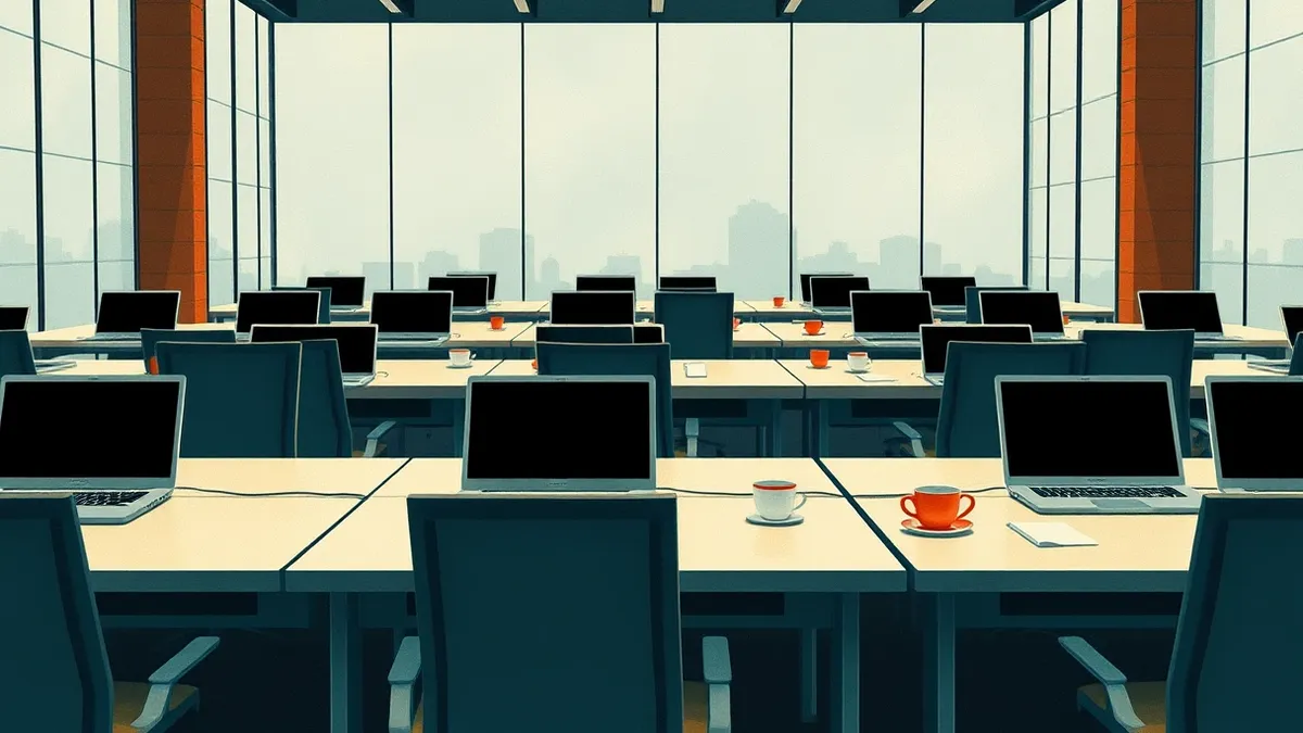 Illustration: A sleek, modern office space sits in complete stillness, its glass walls reflecting a grey sky.