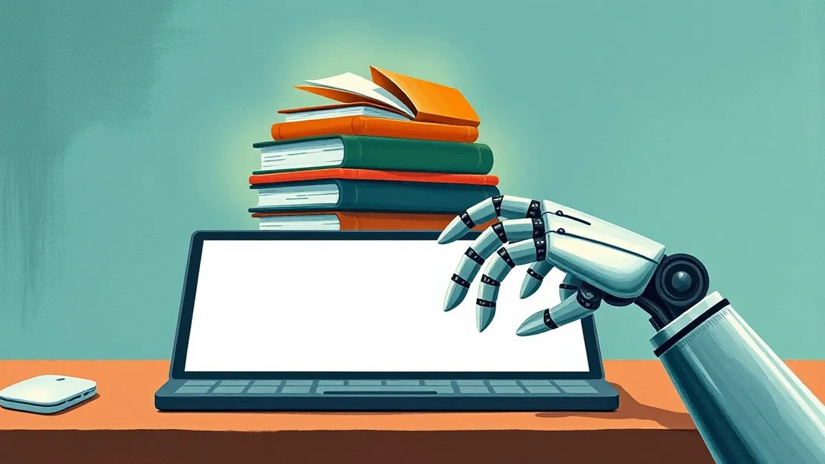 Illustration: A sleek robotic hand taps a blank keyboard while a stylized stack of floating books glows softly in the background, representing the integration of coding resources w