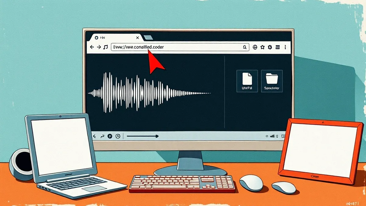 Illustration: A Windows desktop shows a music player application with a generic audio waveform.