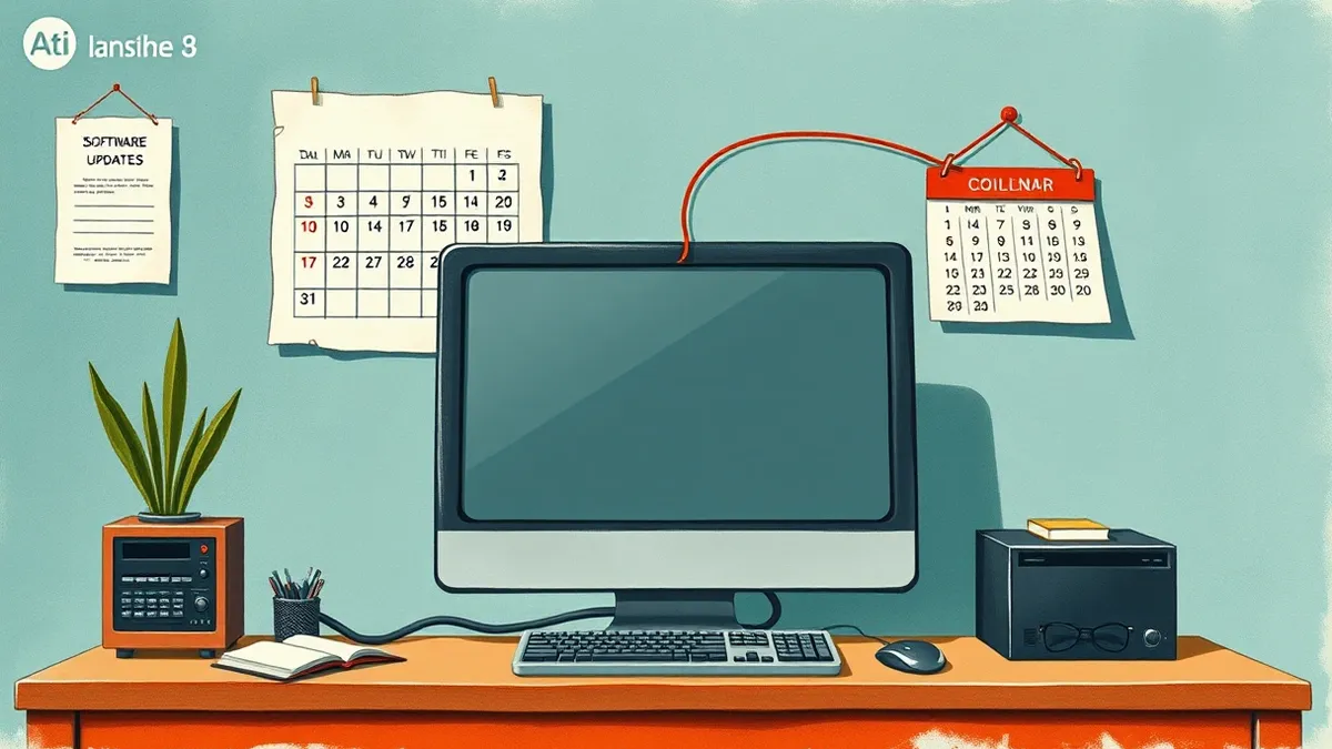 Illustration: A small office desk holds a single desktop computer with a blank monitor.