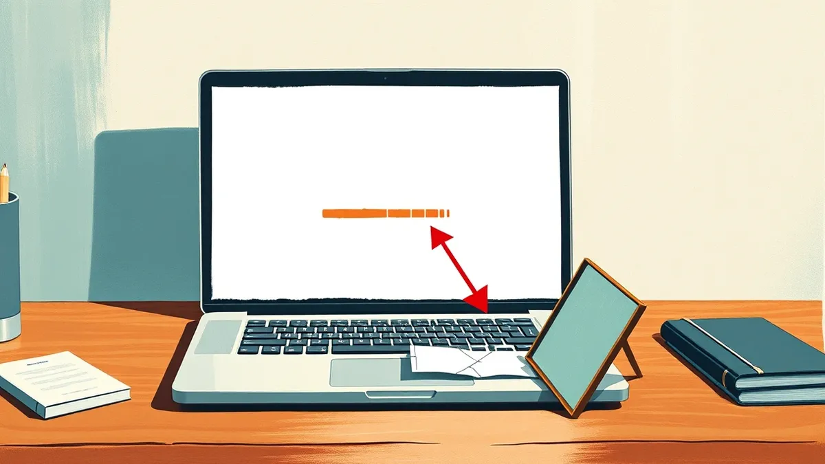 Illustration: A sleek silver laptop sits on a clean wooden desk with its screen displaying a blank download progress bar.