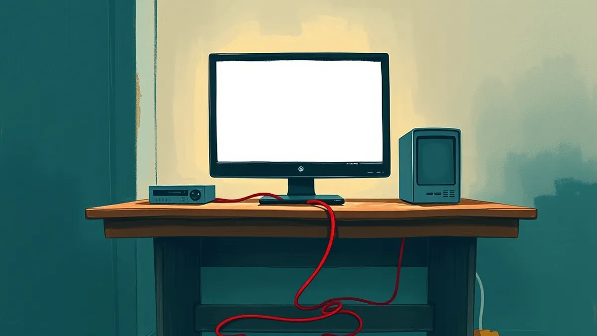 Illustration: A solitary computer monitor sits on a wooden desk in a dimly lit office.
