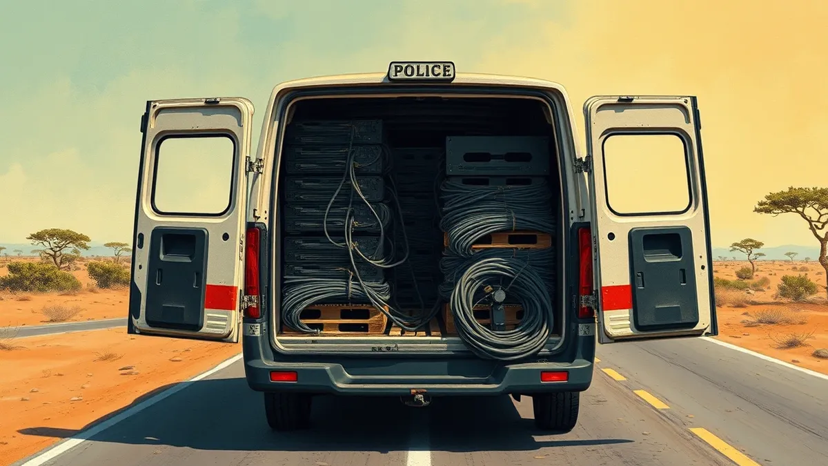 Illustration: A single unmarked police van idles on a sun-baked African road, its rear doors swung wide open to reveal stacked pallets of generic black server racks and tangled bun