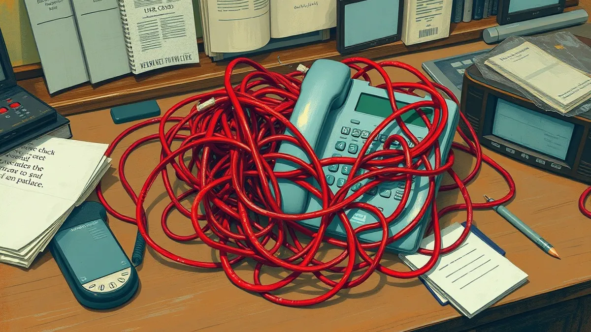 Illustration: A tangled knot of red telephone cords sits on a cluttered wooden desk next to a silver landline phone receiver.