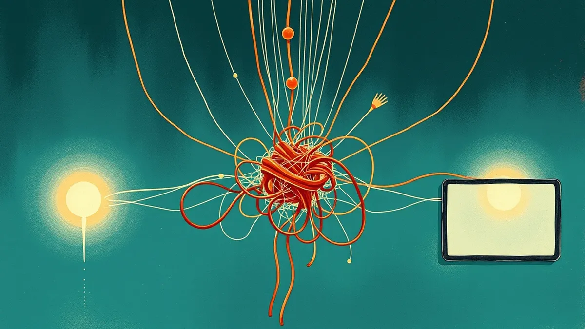 Illustration: A tangled web of invisible threads hangs between two glowing nodes.