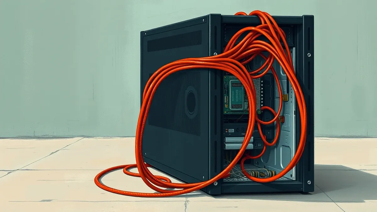 Illustration: A sleek black server unit sits on a concrete floor with its side panel removed, revealing internal components.